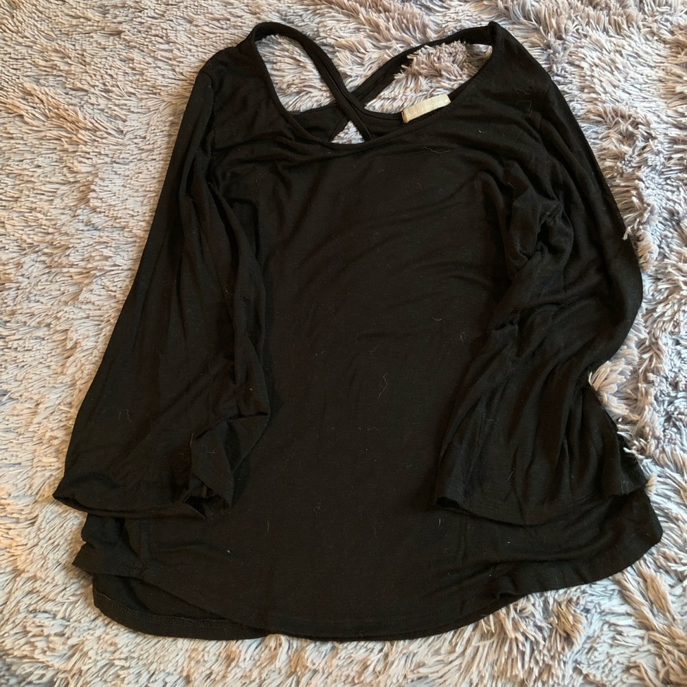 Black, three quarter length bell sleeve shirt